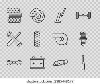 Set line Wrench spanner, Screwdriver, Windscreen wiper, Car battery, tire wheel, headlight and spark plug icon. Vector