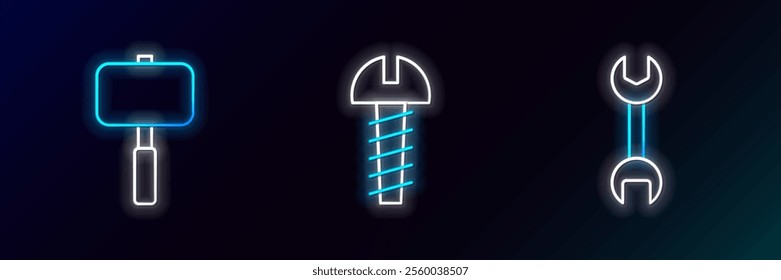 Set line Wrench spanner, Sledgehammer and Metallic screw icon. Glowing neon. Vector