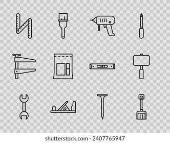 Set line Wrench spanner, Snow shovel, Electric drill machine, Wood plane tool, Folding ruler, Cement bag, Metallic nail and Sledgehammer icon. Vector