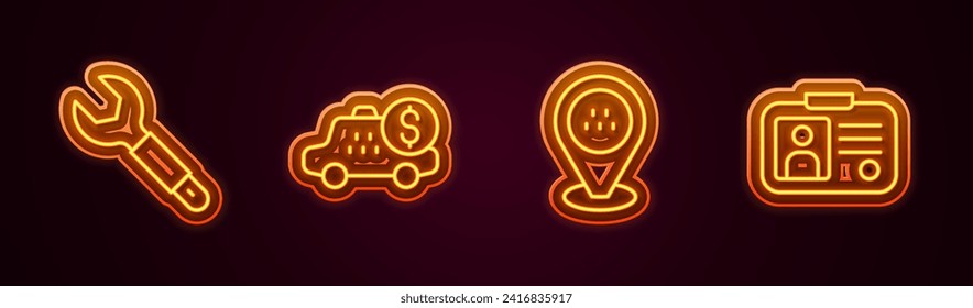 Set line Wrench spanner, Taximeter device, Location taxi car and driver license. Glowing neon icon. Vector