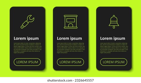 Set line Wrench spanner, Ticket office to buy tickets and Train station bell. Business infographic template. Vector