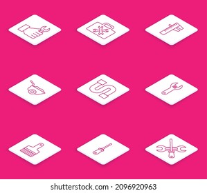 Set line Wrench spanner, Toolbox, Calliper or caliper and scale, Wheelbarrow, Industry pipe, Adjustable wrench, Paint brush and Screwdriver icon. Vector