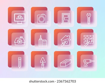 Fijar línea Silla de llave, Trowel, Casa con lanza, Ladrillo, paisaje de la ciudad, Puerta cerrada, casco de seguridad de los trabajadores e icono de construcción de la ruleta. Vector