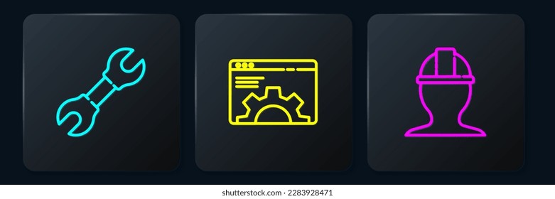 Setzen Sie die Linie WFranzösisch-Spanner, Arbeiter-Sicherheitshelm und Browser-Einstellung. Schwarze Quadrat-Taste. Vektorgrafik