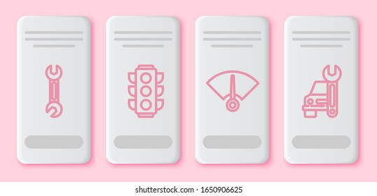 Set line Wrench, Traffic light, Speedometer and Car service. White rectangle button. Vector