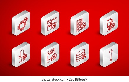 Set line Wrench, Video camera service, Mobile Apps, Blender, Database server, Processor, Oven and Microphone icon. Vector