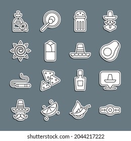 Set line Wrestling championship belt, Mexican sombrero, Avocado fruit, Salt, Burrito, Sun, Tequila bottle with lemon and  icon. Vector