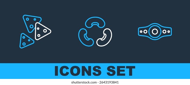 Set line Wrestling championship belt, Nachos and Beans icon. Vector
