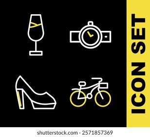 Set line Wrist watch, Bicycle, Woman shoe and Wine glass icon. Vector