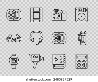 Set line Wrist watch, Calculator, Photo camera, Retro cinema, 80s, Headphones, Sound mixer controller and Camera cartridge icon. Vector
