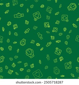 Set line Wrist watch, Clock and Alarm clock app mobile on seamless pattern. Vector