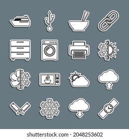Set line Wrist watch, Cloud upload, Sun and snowflake, Bowl with chopsticks, Washer, Furniture nightstand, Ship and Printer icon. Vector