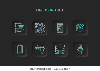Set line Wrist watch, Cloud database, Futuristic weapon, Mobile phone, Computer vision, Cryogenic capsules, Neural network and Speech bubble chat icon. Vector