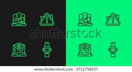 Set line Wrist watch, Computer vision, Internet piracy and Exclamation mark in triangle icon. Vector