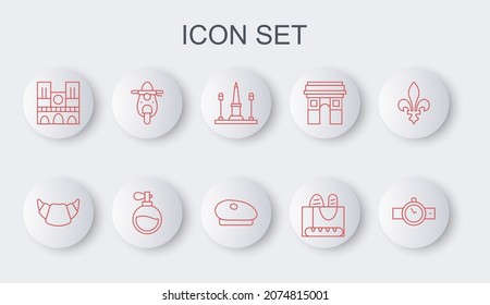 Set line Wrist watch, Croissant, Place De La Concorde, French baguette bread, Notre Dame, Scooter, Perfume and beret icon. Vector