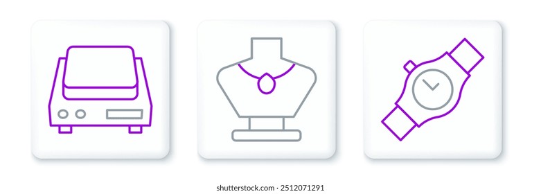 Set line Wrist watch, Electronic jewelry scales and Necklace mannequin icon. Vector