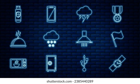 Set line Wrist watch, Flag, Storm, Cloud with snow, Covered tray of food, USB flash drive and shield, Kitchen extractor fan and Smartphone, mobile phone icon. Vector