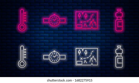 Set line Wrist watch, Folded map with location, Meteorology thermometer and Bottle of water. Glowing neon icon on brick wall. Vector
