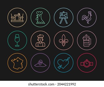 Set line Wrist watch, French press, Easel or painting art boards, man, Wine glass, cafe, Fleur De Lys and rooster icon. Vector