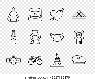 Set line Wrist watch, French beret, Amour with heart and arrow, Bicycle, Handbag, Frog legs, Eiffel tower and Windmill icon. Vector