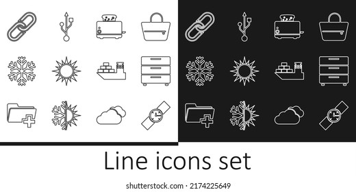 Set line Wrist watch, Furniture nightstand, Toaster with toasts, Sun, Snowflake, Chain link, Cargo ship and USB icon. Vector