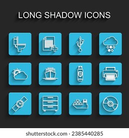 Set line Wrist watch, Furniture nightstand, Toilet bowl, Cargo ship, CD or DVD disk, Ship, Printer and USB flash drive shield icon. Vector