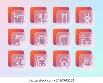 Set line Wrist watch, Futuristic sliding doors, First aid kit, Planet earth and radiation, Cryptocurrency coin Bitcoin, USB flash drive, Speech bubble chat and Humanoid robot icon. Vector