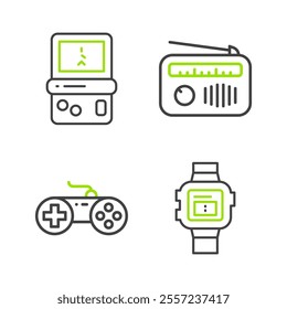 Set line Wrist watch, Gamepad, Radio with antenna and Tetris icon. Vector