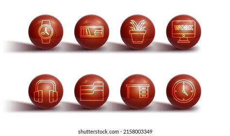 Set line Wrist watch, Headphones, Monitor with text work, Office desk, Document folder, Shelf books, Clock and Plant in pot icon. Vector