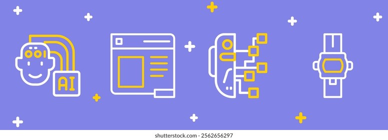 Set line Wrist watch, Humanoid robot, Browser window and  icon. Vector