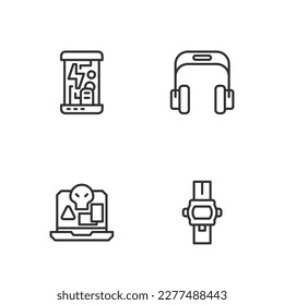 Set line Wrist watch, Internet piracy, Cryogenic capsules and Headphones icon. Vector