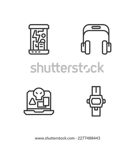 Set line Wrist watch, Internet piracy, Cryogenic capsules and Headphones icon. Vector