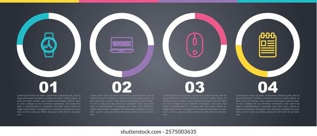 Set line Wrist watch, Laptop with text work, Computer mouse and Spiral notebook. Business infographic template. Vector