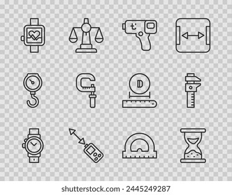 Reloj de pulsera, reloj de arena viejo, termómetro digital, medidor de distancia láser, inteligente, micrómetro, transportador e icono de escala de la pinza de freno. Vector