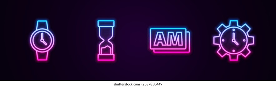 Set line Wrist watch, Old hourglass, Clock AM and Time Management. Glowing neon icon. Vector