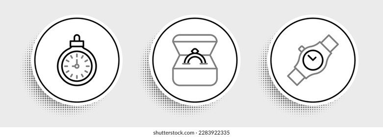 Set line Wrist watch, Pocket and Diamond engagement ring in box icon. Vector