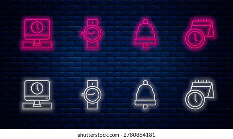 Set line Wrist watch, Ringing bell, Monitor time and Calendar and clock. Glowing neon icon on brick wall. Vector