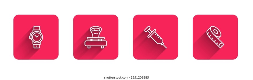 Set line Wrist watch, Scales, Syringe and Measuring tape with long shadow. Red square button. Vector