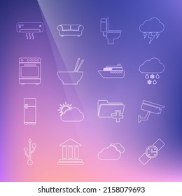 Set line Wrist watch, Security camera, Cloud with snow and rain, Toilet bowl, Bowl chopsticks, Oven, Air conditioner and Ship icon. Vector
