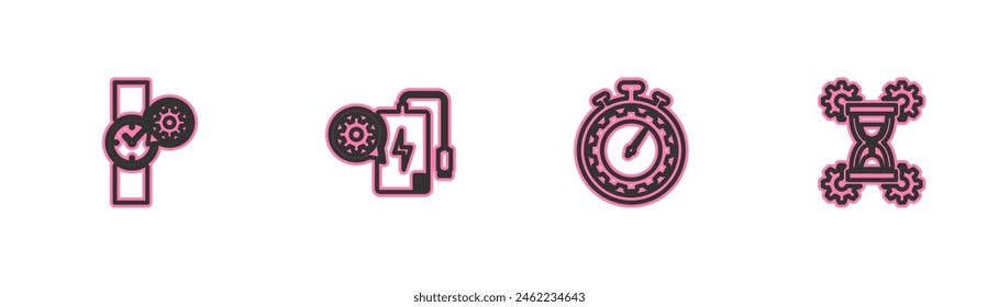 Ajuste de línea Reloj de pulsera, Gestión de tiempo, Banco de energía e icono de reloj de arena. Vector