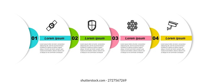 Set line Reloj de pulsera, escudo, copo de nieve y cámara de seguridad. Plantilla de infografía de negocios. Vector