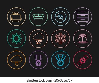 Set line Wrist watch, Ship, CD or DVD disk, Cloud with snow and rain, Sun, Toaster toasts, Snowflake and Sofa icon. Vector