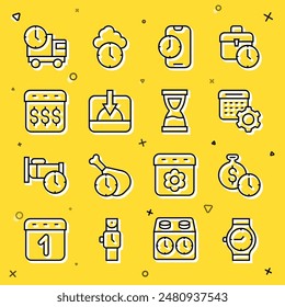 Set line Wrist watch, Time money, Calendar settings, Alarm clock app mobile, Sunset, Payday, calendar with dollar, Delivery truck and time and Old hourglass icon. Vector