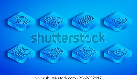 Set line Wrist watch, Waste of time, Digital alarm clock, Delivery truck and, Sunrise, Cleaning, Calendar and Food icon. Vector