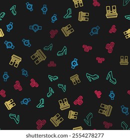 Set line Wrist watch, Woman shoe, Triumphal Arch and Macaron cookie on seamless pattern. Vector