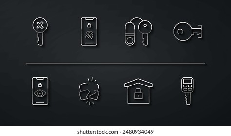 Llave equivocada, Escaneo ocular, Llave, Casa bajo protección, Cerradura rota o agrietada, Móvil con huella dactilar, Control remoto del automóvil e icono. Vector