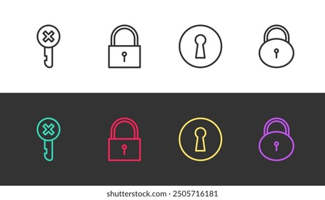 Set line Wrong key, Lock, Keyhole and  on black and white. Vector