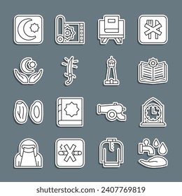 Ponga la línea Wudhu, Clock, libro sagrado del Corán, sable árabe, Estrella y media luna, e icono del minarete de la torre de la mezquita. Vector