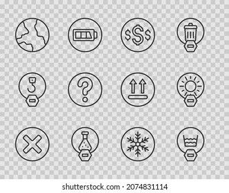 Set line X Mark, Cross in circle, Delicate wash, Dollar symbol, Test tube and flask, Worldwide, Unknown search, Snowflake and No direct sunlight icon. Vector