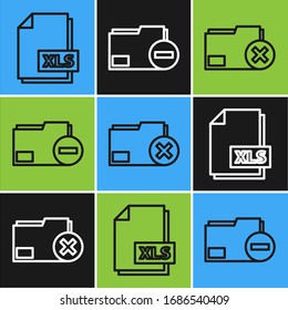 Set line XLS file document, Delete folder and Document folder with minus icon. Vector